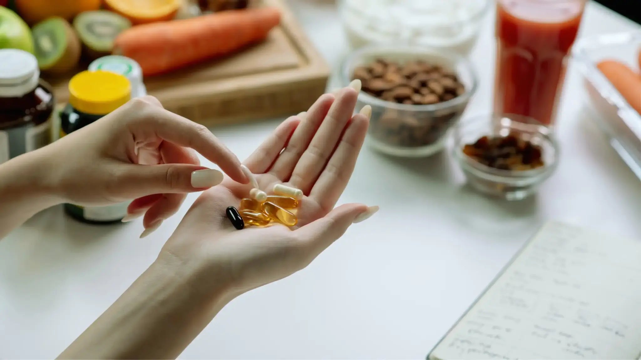 Hands holding a mix of transparent capsules, golden softgels, a black pill, and a pearl-like capsule over a white desk with fruit, a notepad, and supplement bottles in the background, illustrating an NAD booster guide: benefits, types, and how they work.