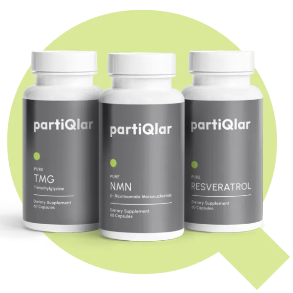 Three bottles of partiQlar supplements: Pure NMN, Pure TMG, Pure Resveratrol