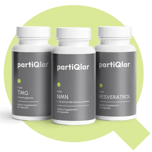 Three bottles of partiQlar supplements: Pure NMN, Pure TMG, Pure Resveratrol