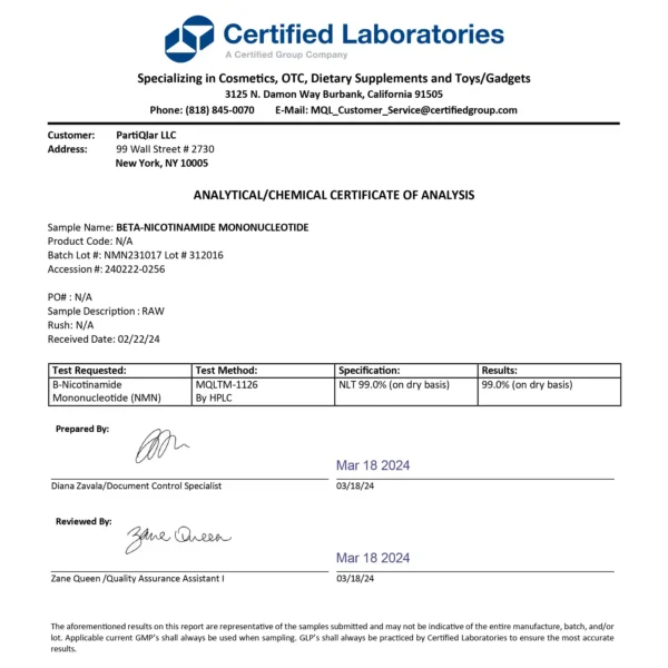 NAD+ booster Certificate of Analysis