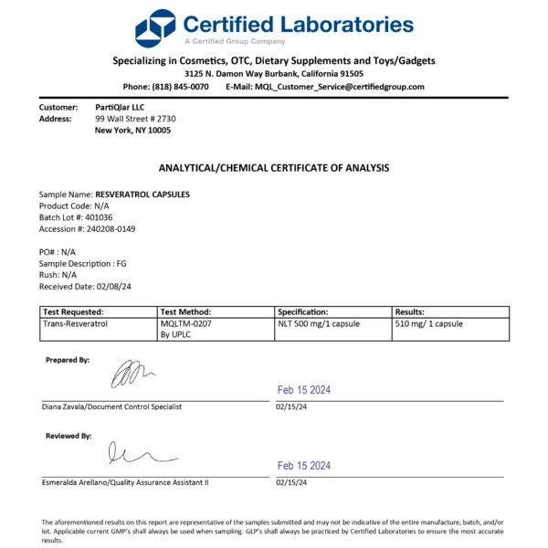 partiQlar resveratrol certificate