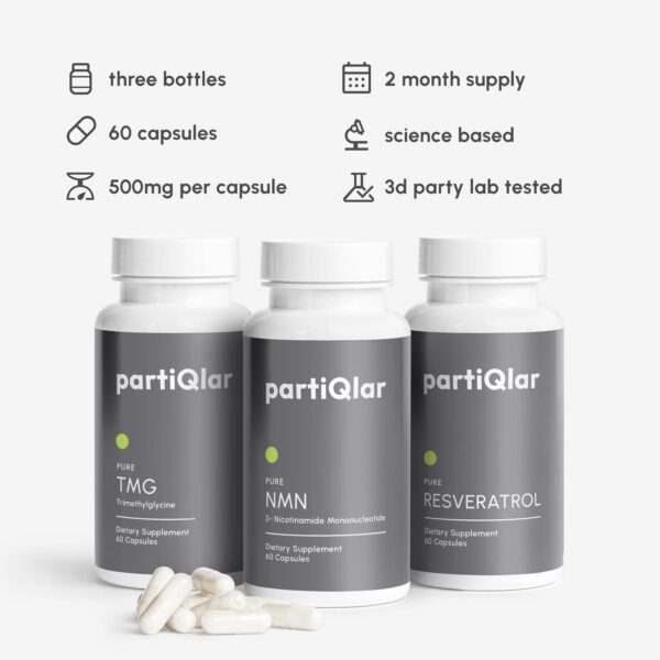 Description of partiQlar Longevity Starter Bundle explaning that its: three bottles, 2 months supply, 60 capsules, science based, 500 mg. per capsule, 3d party lab tested. Three bottles of supplements NMN, TMG, Resveratrol in the background.