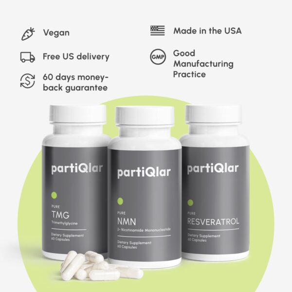 Description of partiQlar Longevity Starter Bundle explaning that its: vegan, made in USA, free delivery, manufactured according to good manufacturing practice, 6o days money back guarantee offered. Three bottles of supplements NMN, TMG, Resveratrol in the background.
