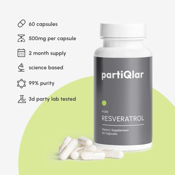 Description of partiQlar Pure Resveratrol explaining that its 60 capsules per bottle, 500 mg per capsule, 2 moths supply, science based, 99% pure and 3d party lab tested. Hand holding bottle of partiQlar Pure Resveratrol in the background.