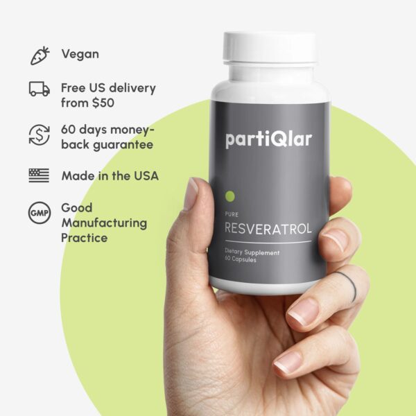 Description of partiQlar Pure Resveratrol explaining that its vegan, free delivery offered, made in USA, good manufacturing practice, hand holding bottle of partiQlar Pure Resveratrol in the background
