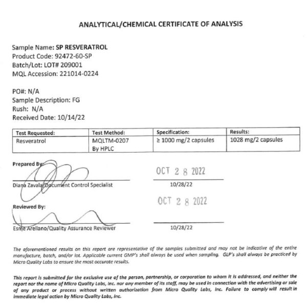 Analytical / Chemical Certificate of Analysis of Resveratrol Supplement
