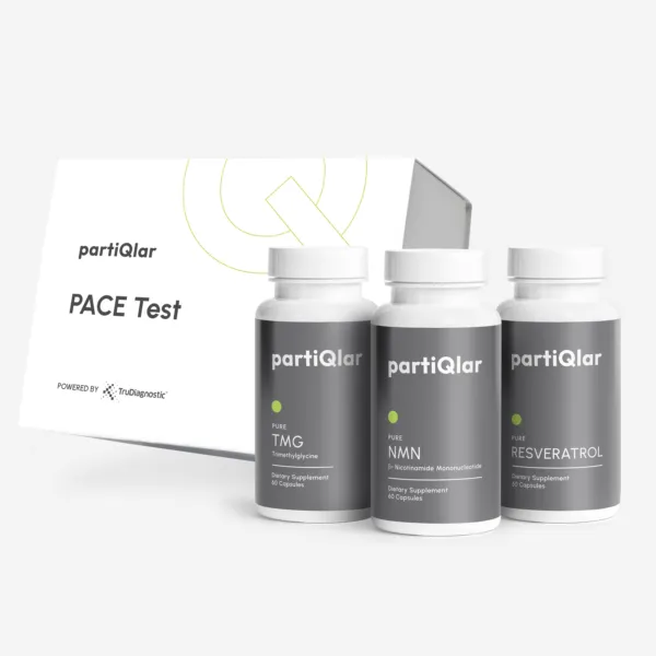 White box of partiQlar Truage Pace Test Kit with 3 supplement bottles: NMN, Resveratrol, TMG