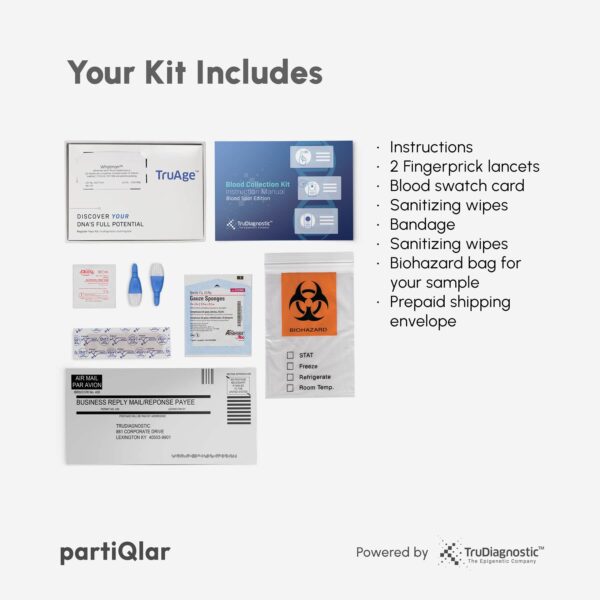 partiQlar Truage Pace Test Kit content: 2 fingerpick lancets, blood swatch card, sanitising wipes, bandage, Biohazard bag for the sample, prepaid shipping envelope