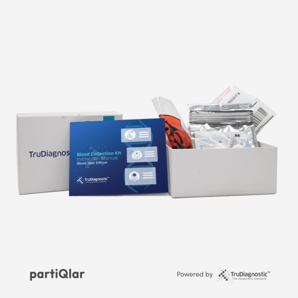 partiQlar TruAge Test Kit opened box with visible content and description cards