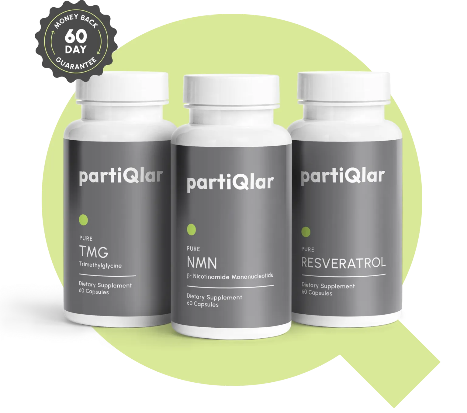 3 bottles of partiQlar supplements: NMN, Resveratrol and TMG