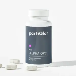 partiQlar Alpha GPC supplement bottle with capsules