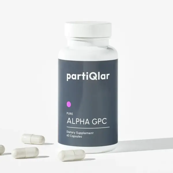 partiQlar Alpha GPC supplement bottle with capsules