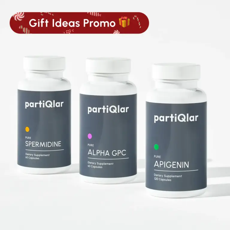 partiqlar Cognitive Health Bundle spermidine alpha gpc and apigenin supplement bottles christmas edition