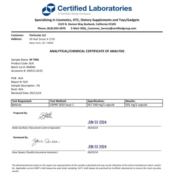 Third-party results for tmg - Certificate of Analysis