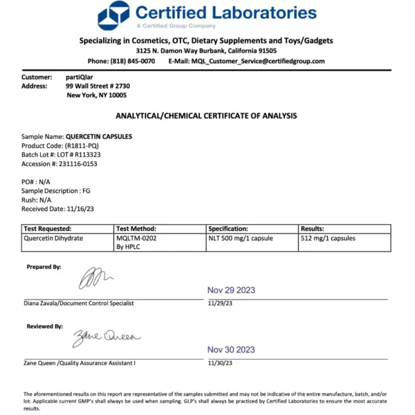 Third-party results for quercetin - Certificate of Analysis