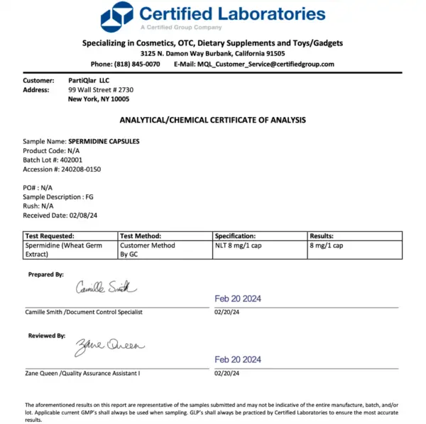 Third-party results for spermidine - Certificate of Analysis