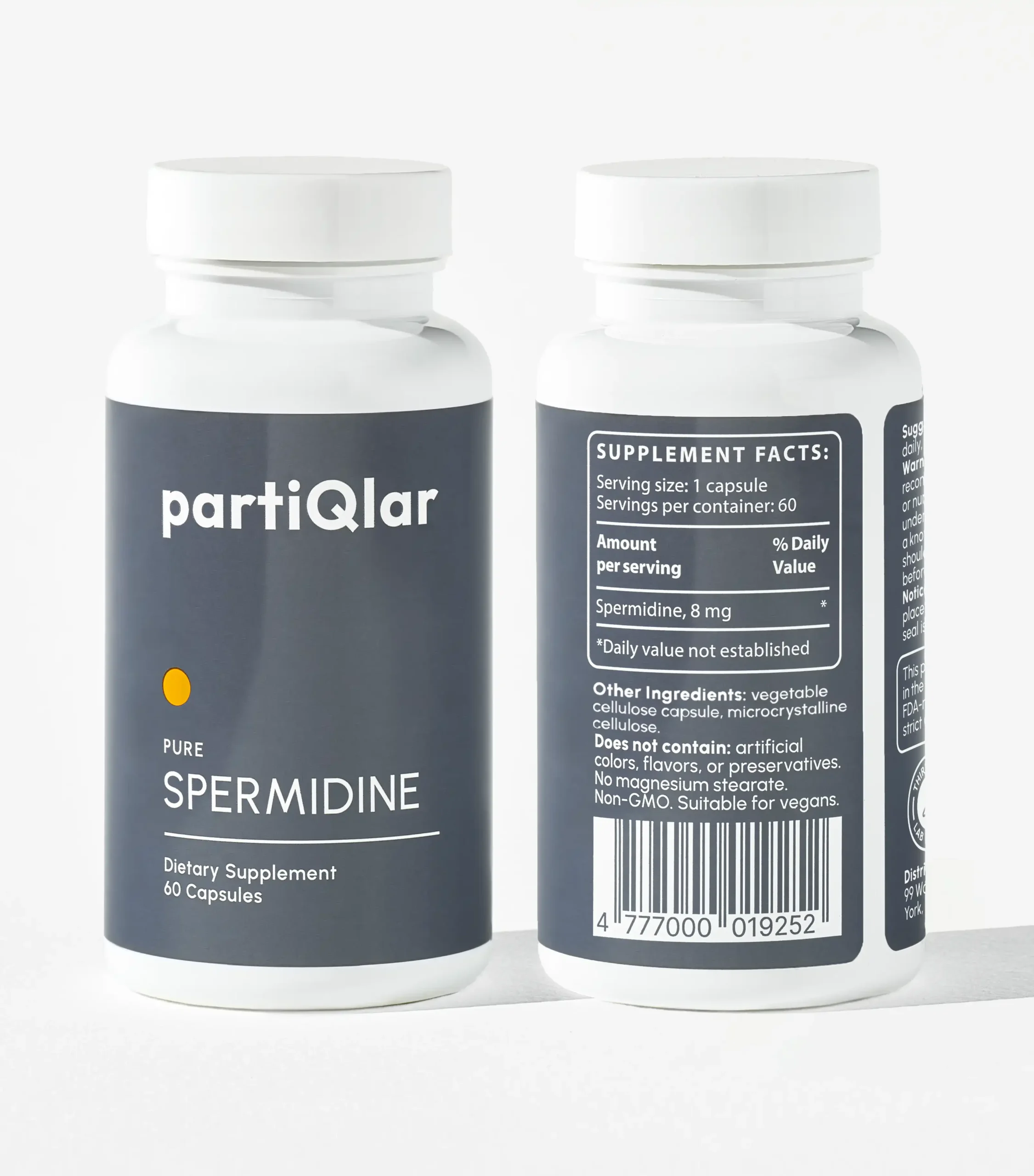 partiqlar spermidine supplement bottle displaying supplement facts