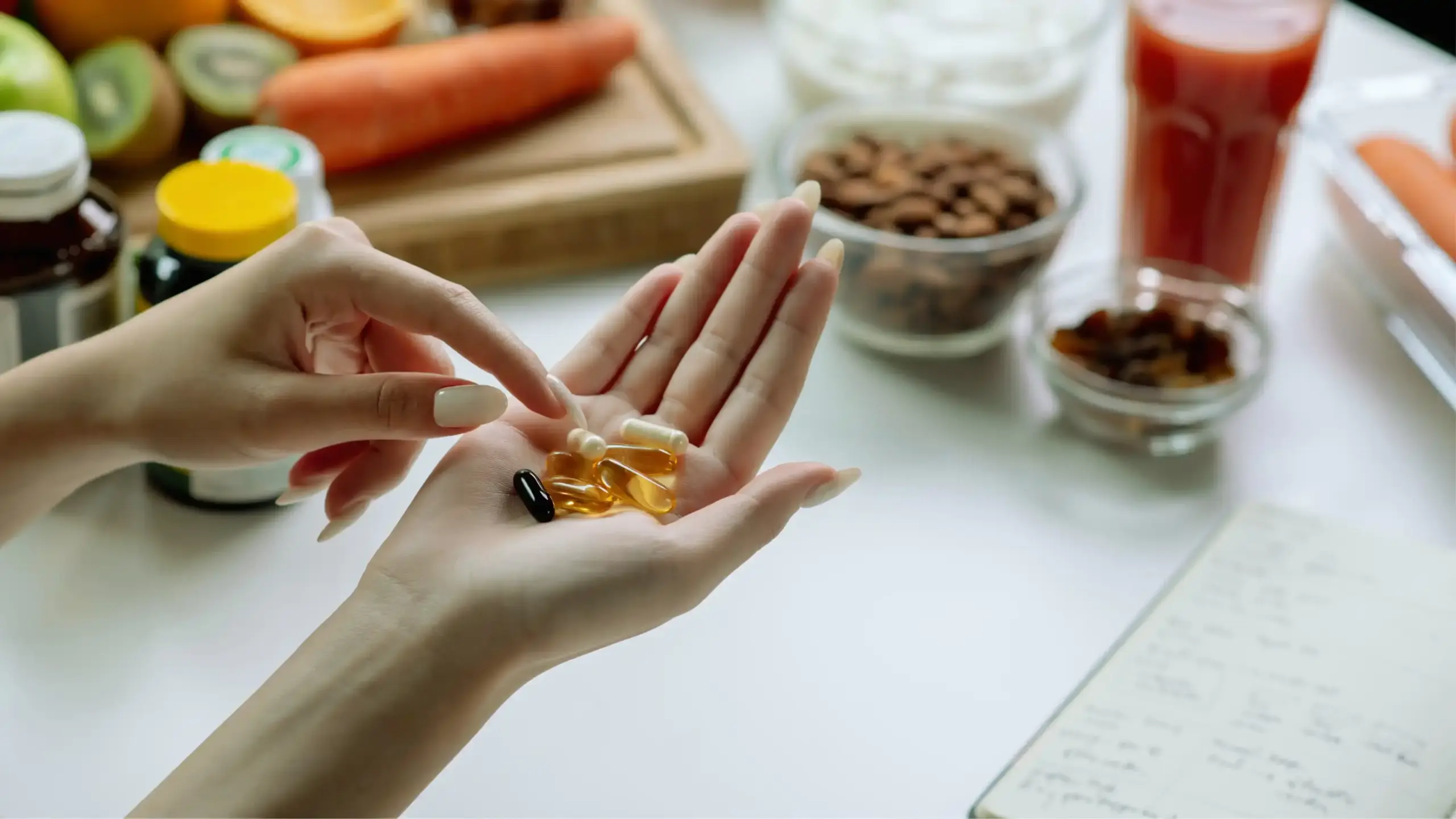 A woman holds supplement capsules in her hand