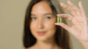 A young woman holding two green supplement capsules between her fingers, looking at them with a thoughtful expression