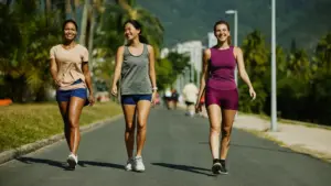 Three women exercising outdoors in a natural setting